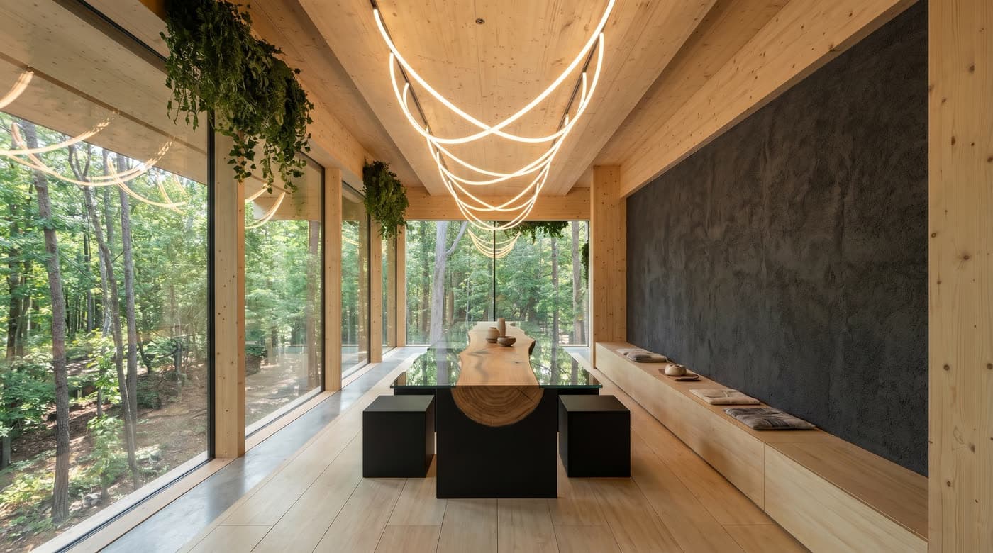 The Log Room — the live-edge table beneath the light ribbons